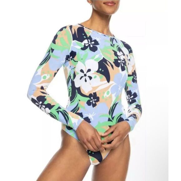 ROXY FLORAL LONG SLEEVE SWIMSUIT BLUE FLORAL LYCRA LINED UPF 50+ size S NWT - Picture 1 of 8